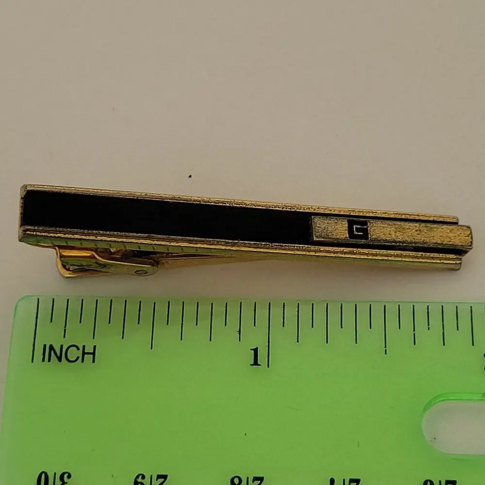 Givenchy Gold Tone Black Onyx Tie Bar Clip‎ 2 Inch G Logo Vintage